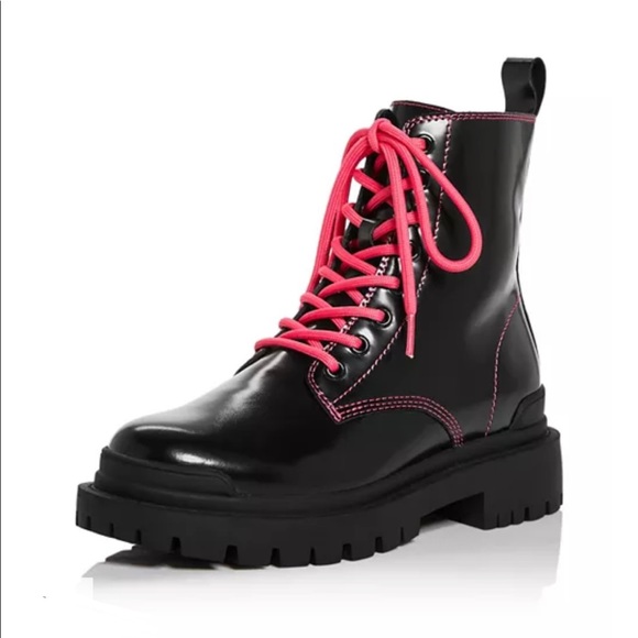 Aqua Shoes - AQUA Combat Boots Ankle booties Quinn black patent neon pink lace up Moto combat